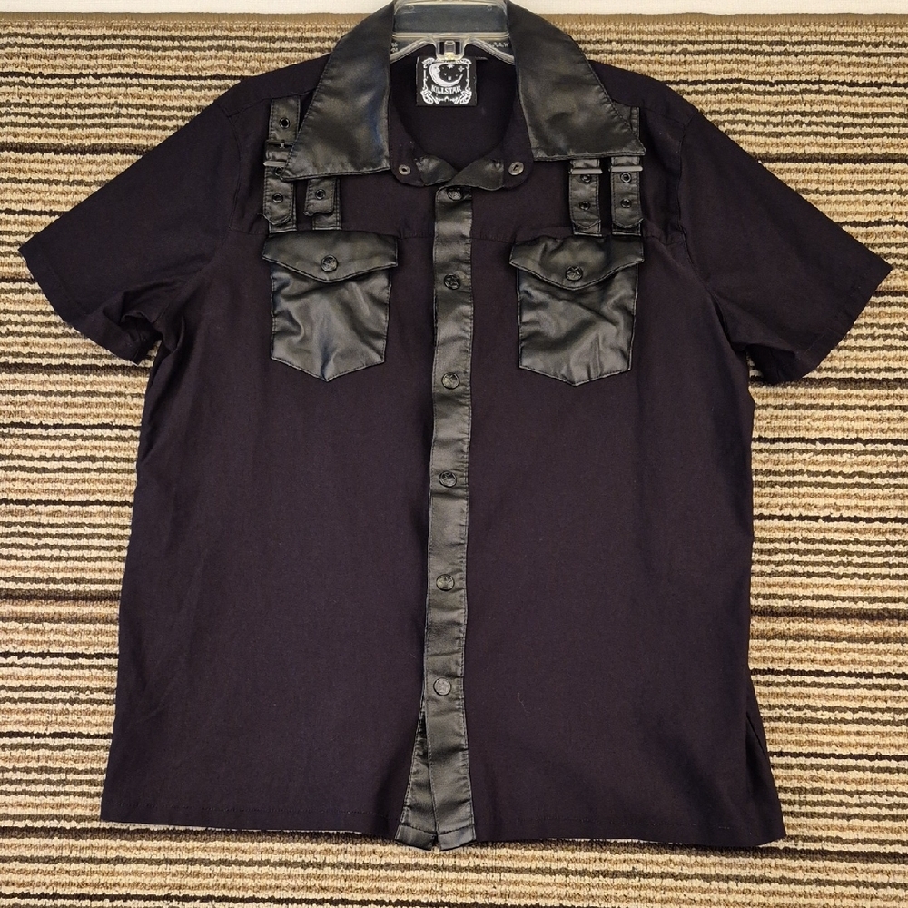 KILLSTAR Goth Grunge Punk Black Leather Straps Mens XL Short‎ Sleeve Shirt Y2K